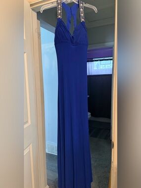 Beaded Halter Royal Blue Gown - Women's Formal Dress
